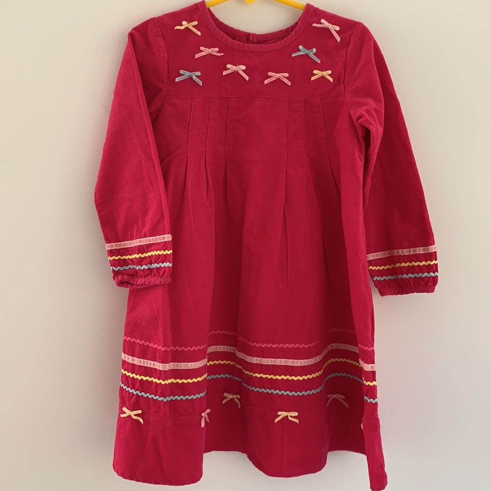 deux par deux Red Corduroy Long-Sleeve Dress with Pastel Bows